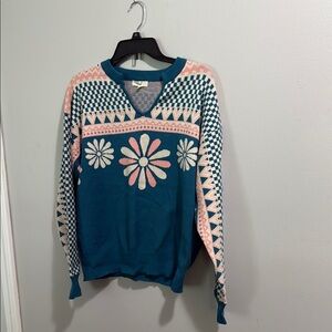 Easel Sweater Teal and Pink Patterned Sweater